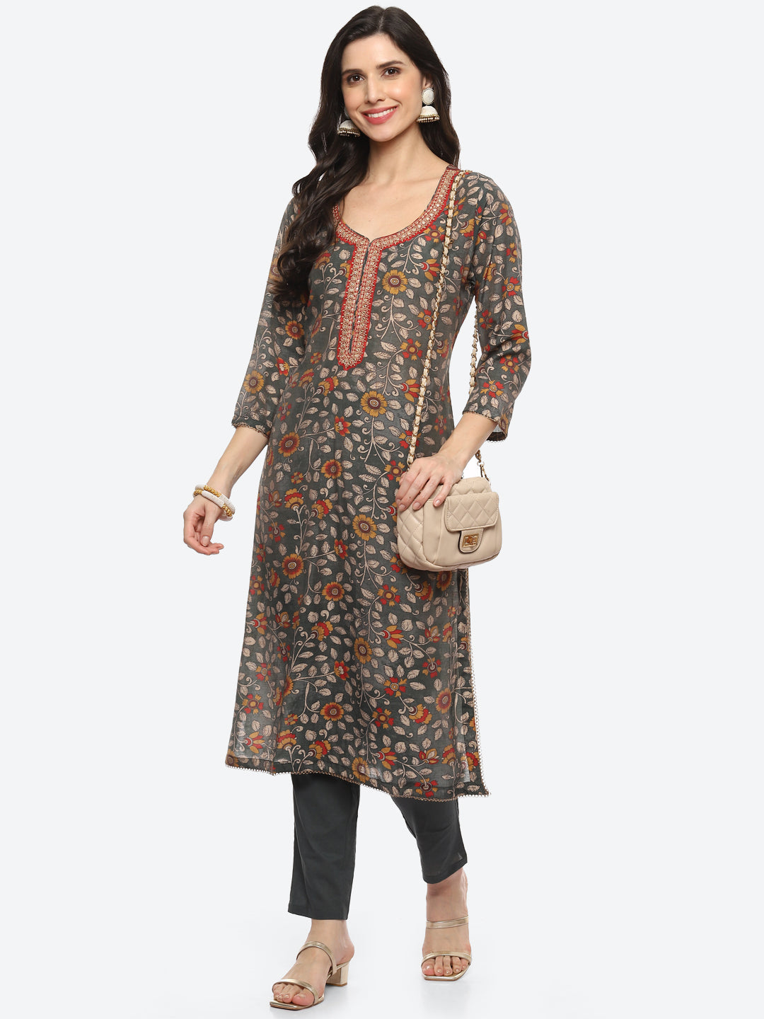 Sequin Yoke Printed Muslin Kurta With Pant