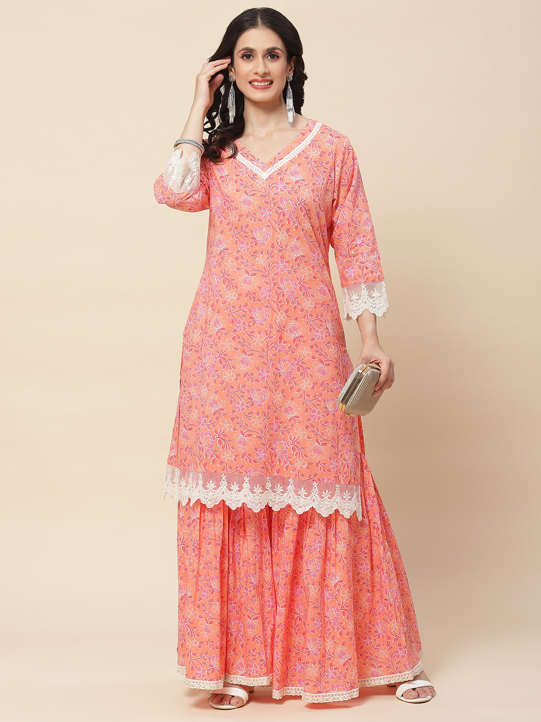 Floral Printed Cotton Kurta With Sharara