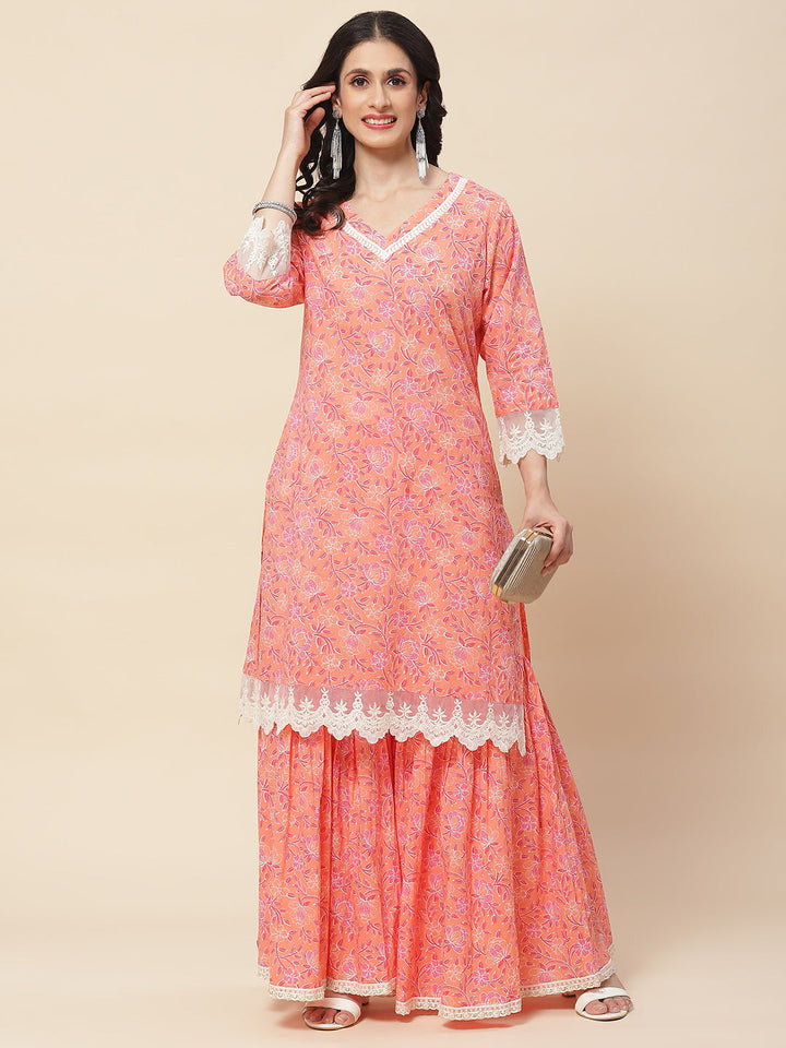 Floral Printed Cotton Kurta With Sharara
