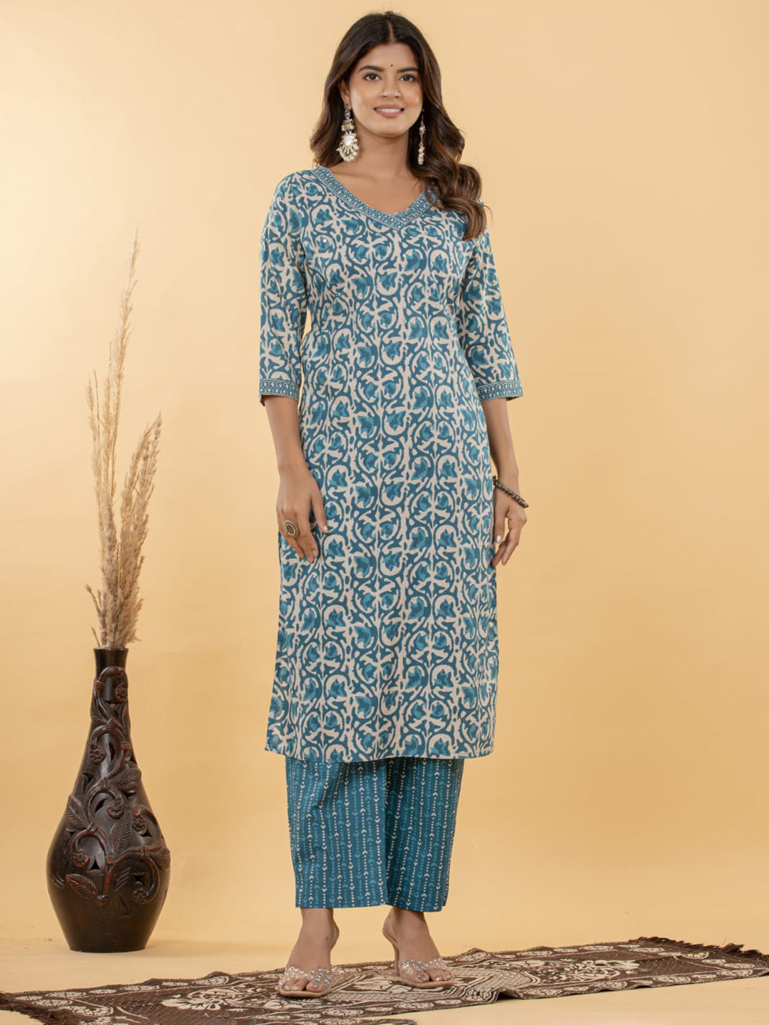Light Blue Embroidered Cotton Blend Straight Suit Set With Dupatta
