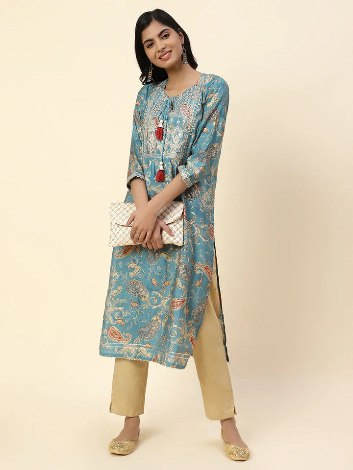 Printed With Yoke Embroidered Muslin Kurta
