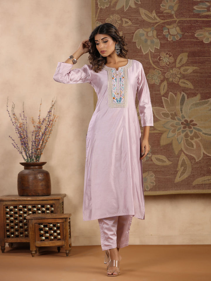 Neck Embroidered Chanderi Kurta With Pants &amp; Dupatta