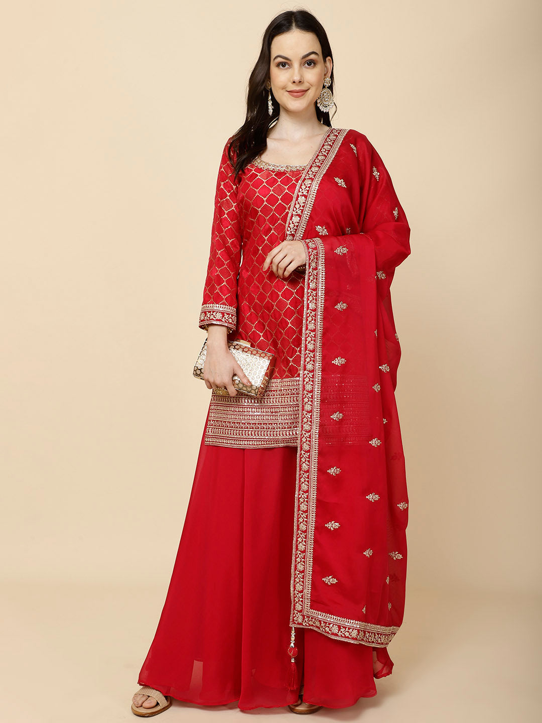 Zari Jaal Embroidery Handloom Suit Set With Dupatta &amp; Palazzo
