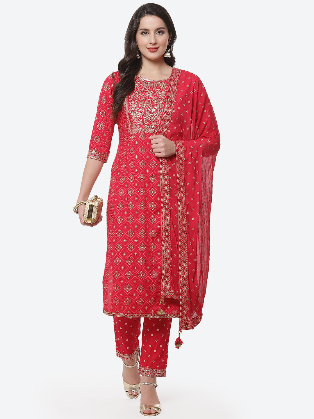 Zari Work Cotton Muslin Kurti Printed Pant And Dupatta