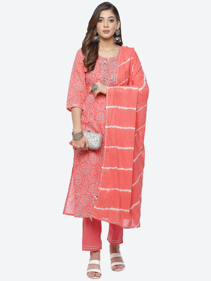 Resham Mirror Booti Cotton Kurta With Pant &amp; Chinone Dupatta