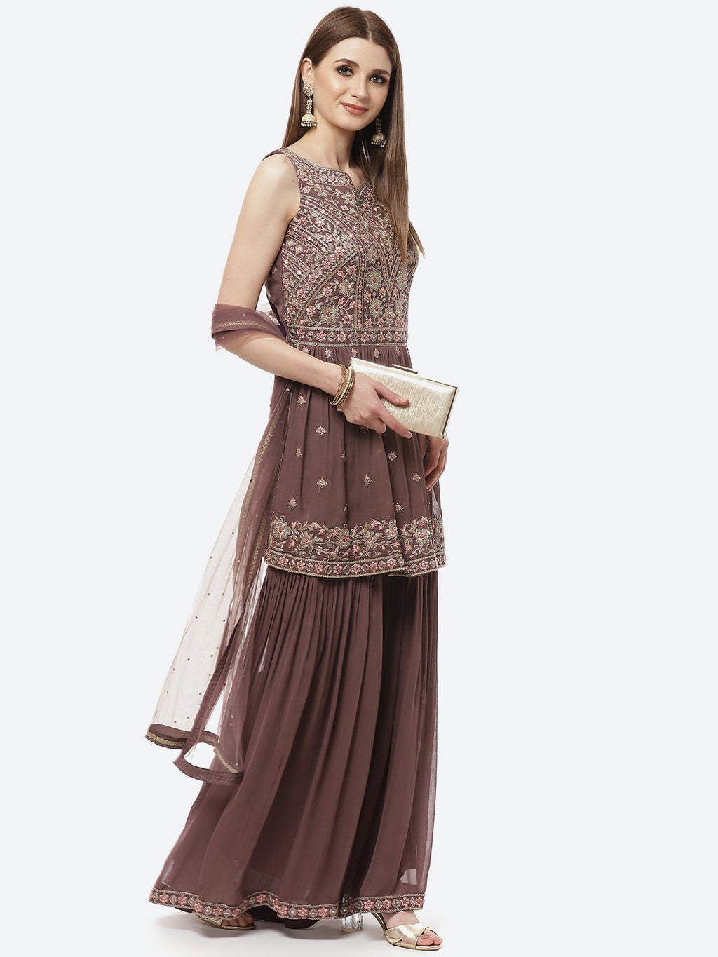 Art Georgette Embroidered Kurti With Sharara And Net Dupatta