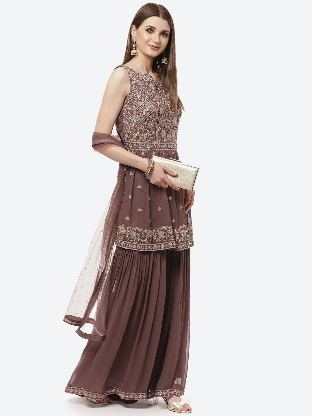 Art Georgette Embroidered Kurti With Sharara And Net Dupatta