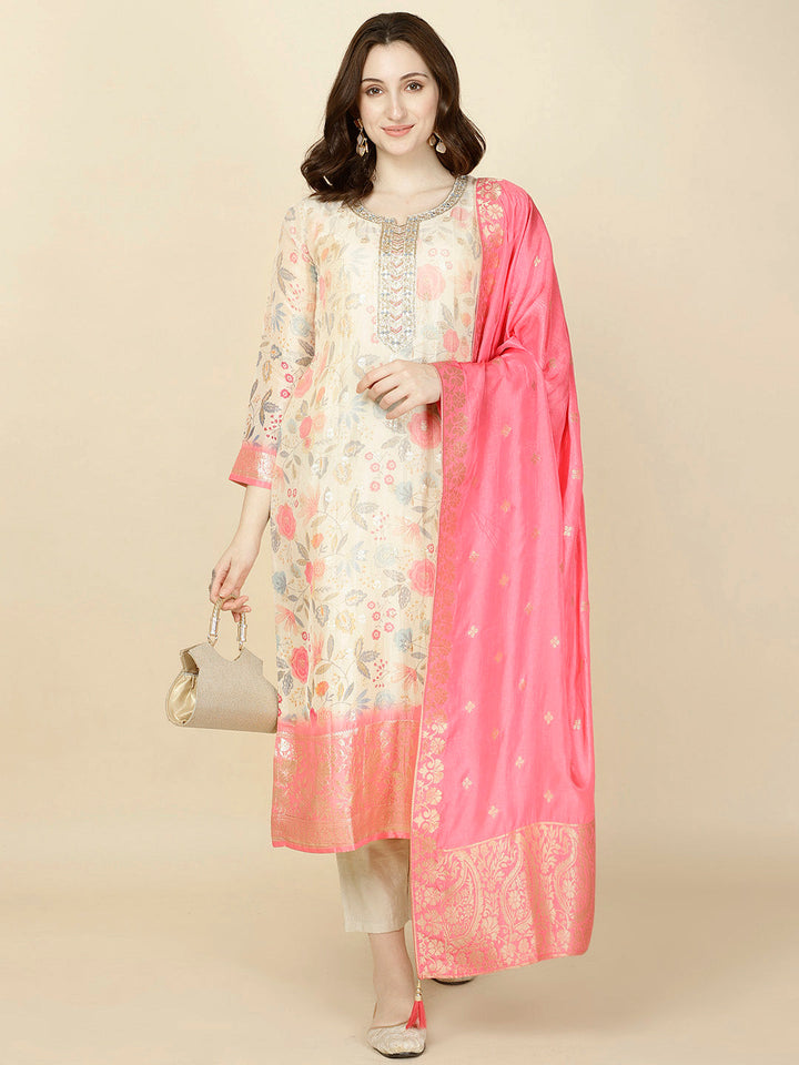 Floral Printed &amp; Woven Organza Kurta With Pants &amp; Dupatta