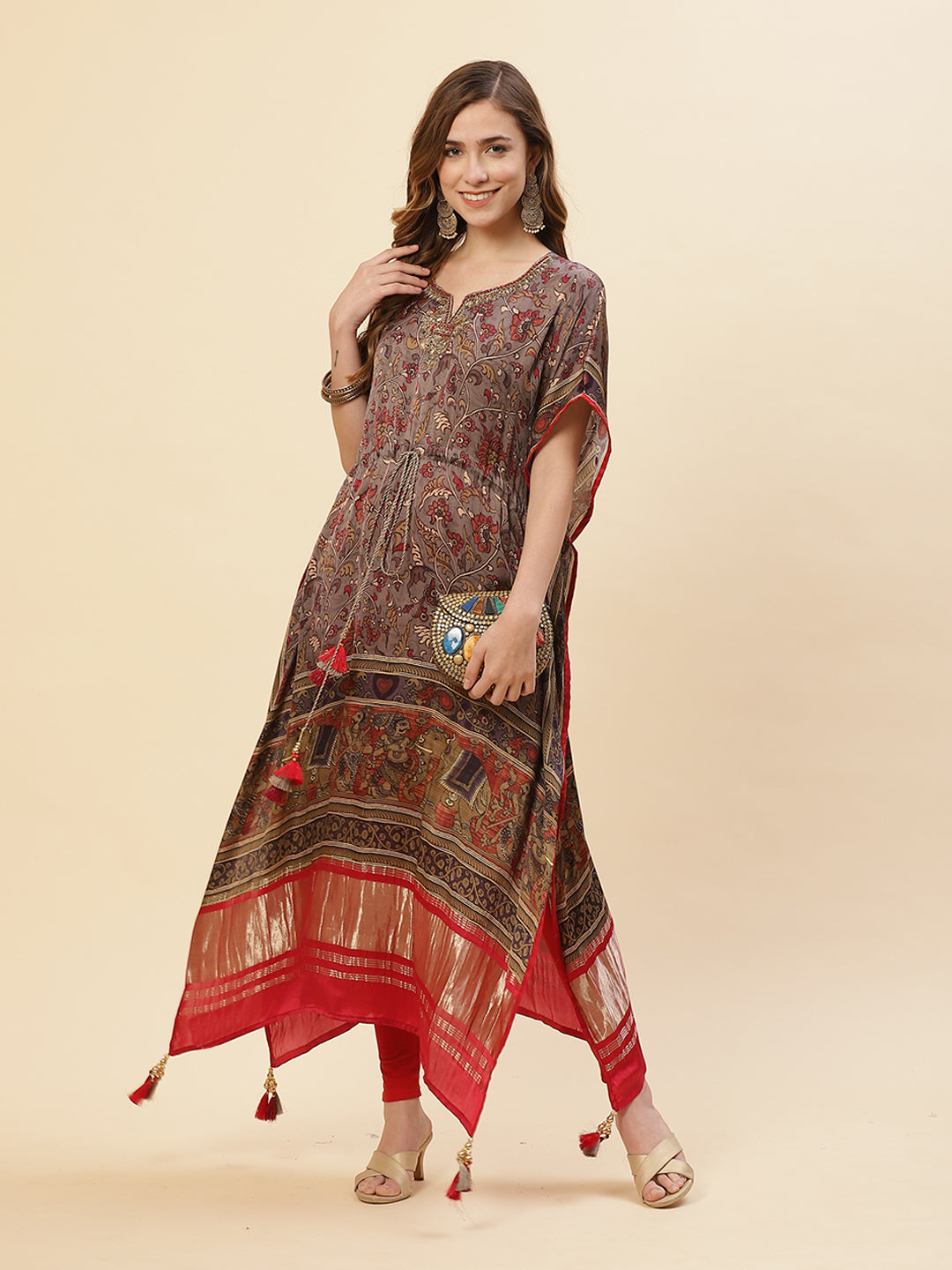 Printed Satin Grey Colored Kaftan