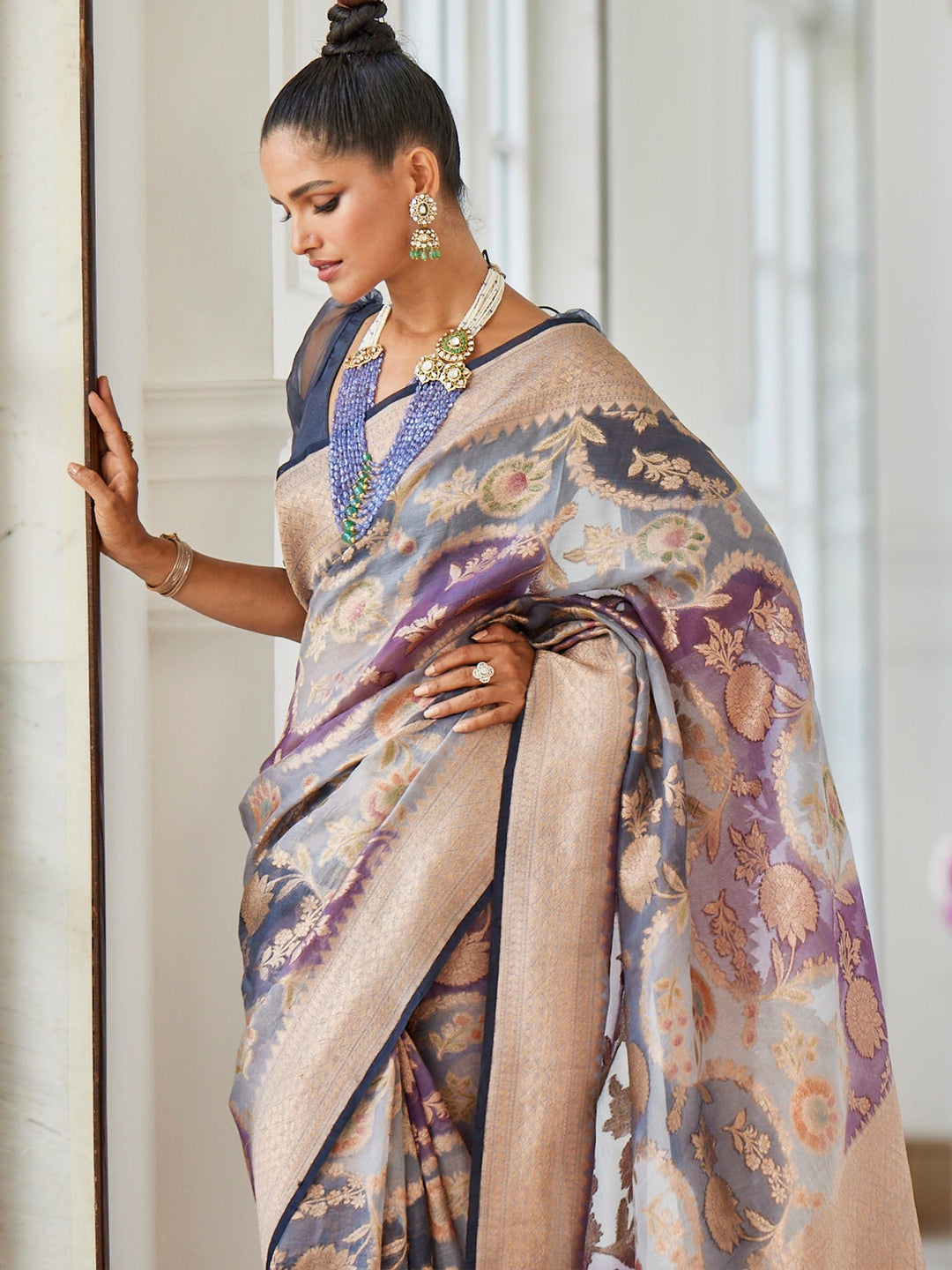 Floral Jaal Organza Plain Saree