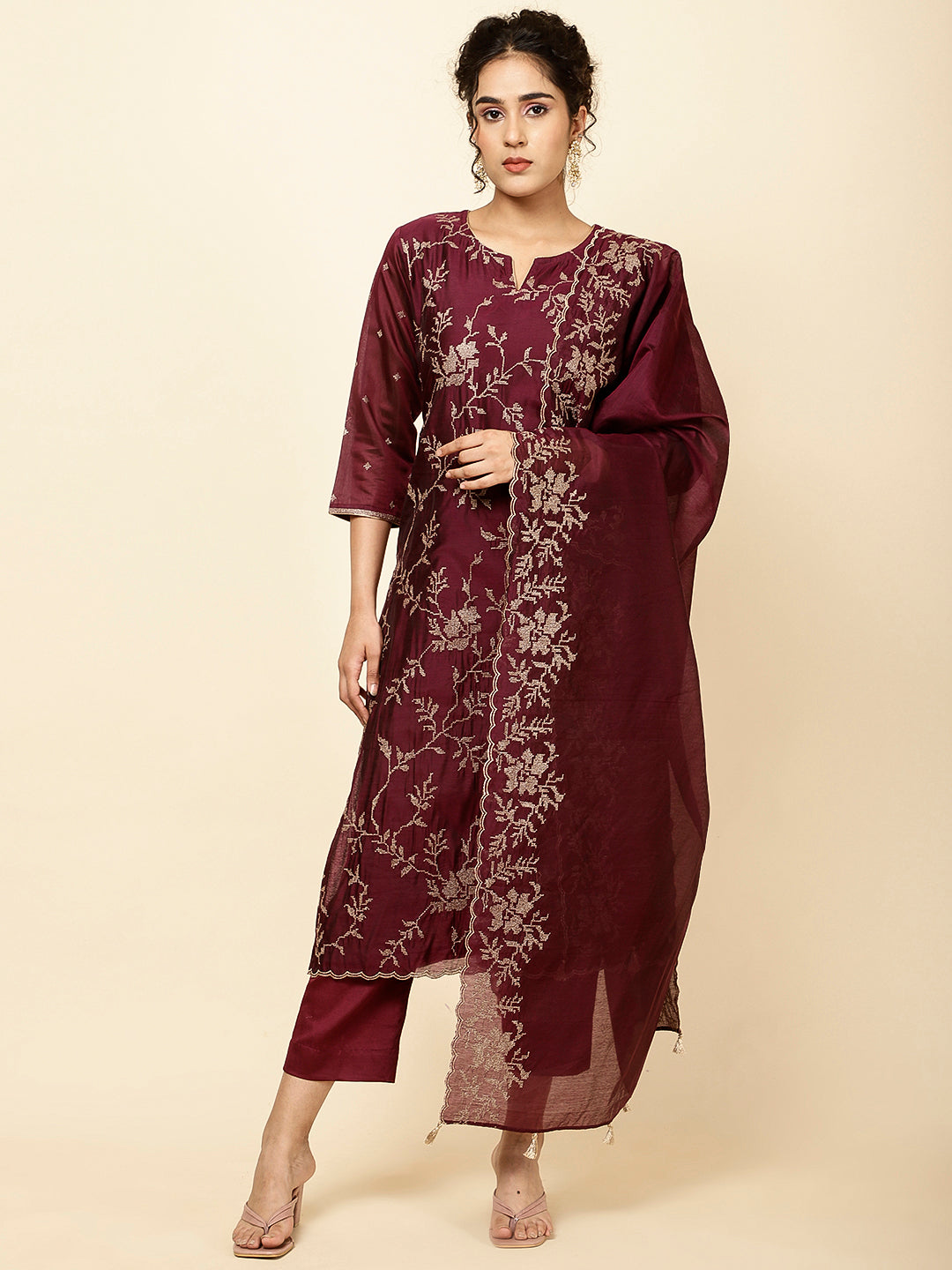 Embroidered Cotton Kurta With Pants &amp; Dupatta