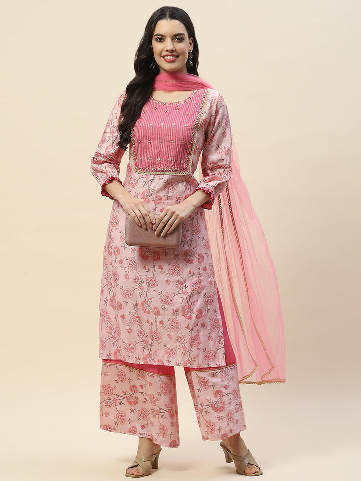 Neck Embroidered Chanderi Suit Set With Dupatta