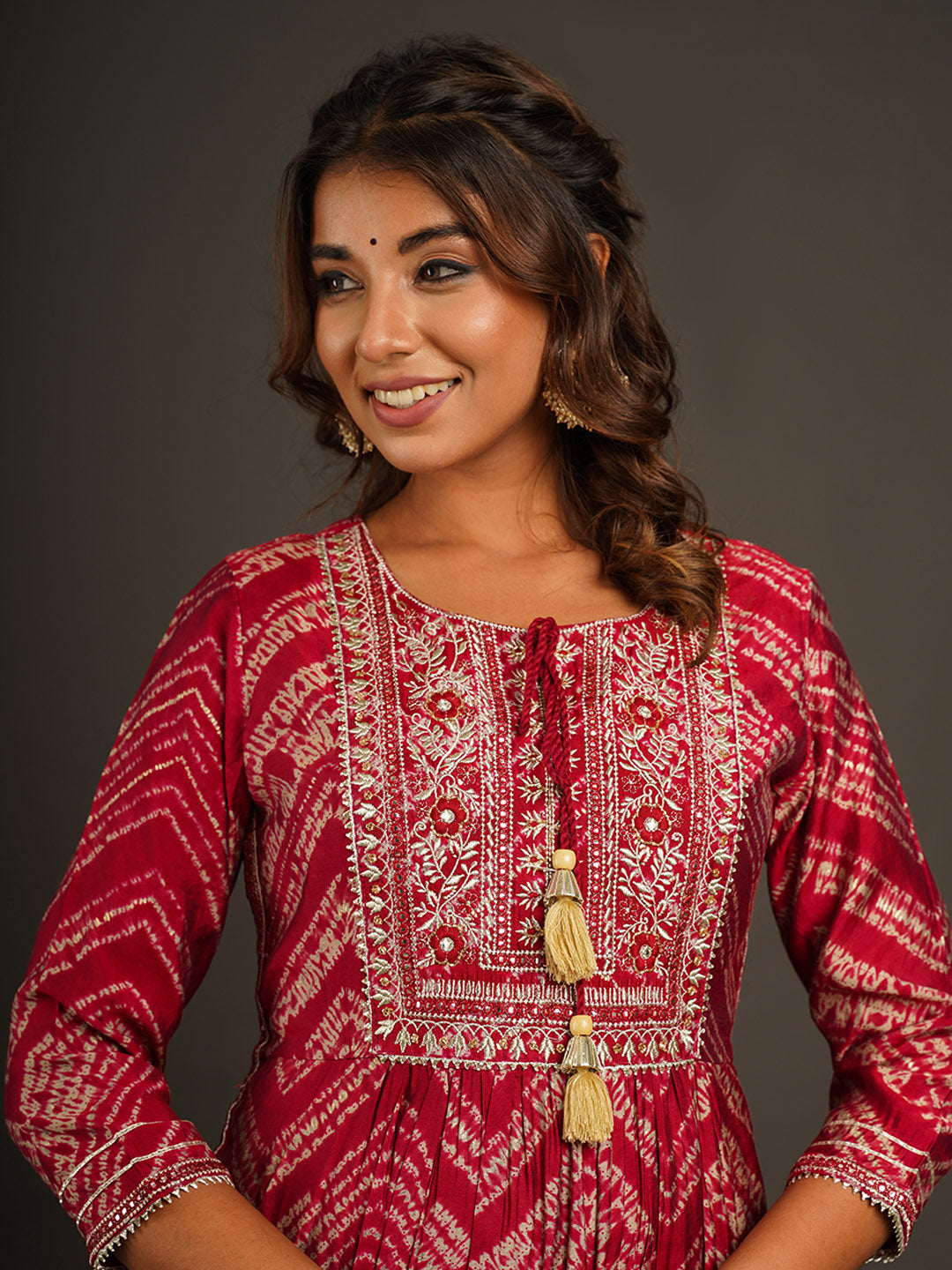 Neck Embroidered &amp; Printed Chanderi Kurta With Pants