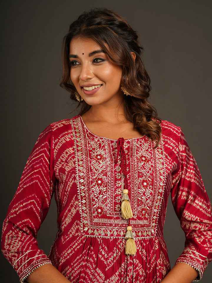 Neck Embroidered &amp; Printed Chanderi Kurta With Pants