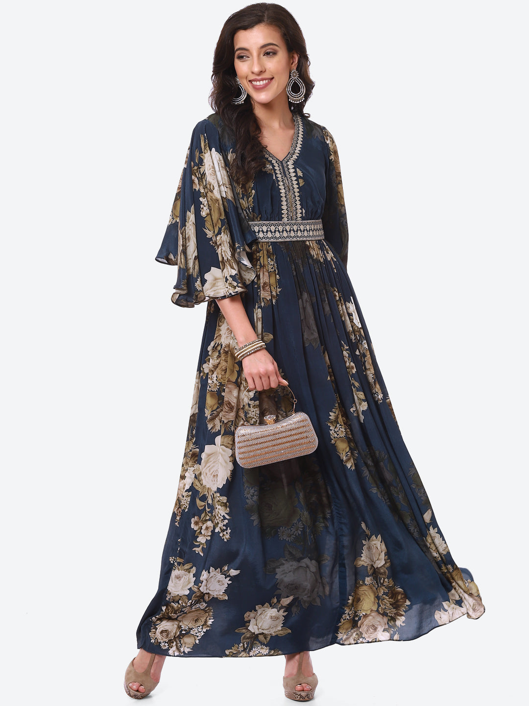 Floral Digital Printed Crepe A-Line Gown Dress