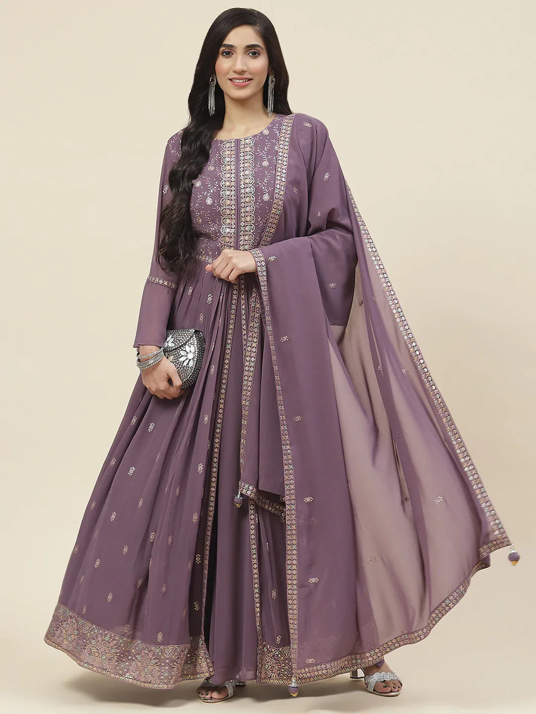 Sequin Embroidered Georgette Kurta With Palazzo &amp; Dupatta