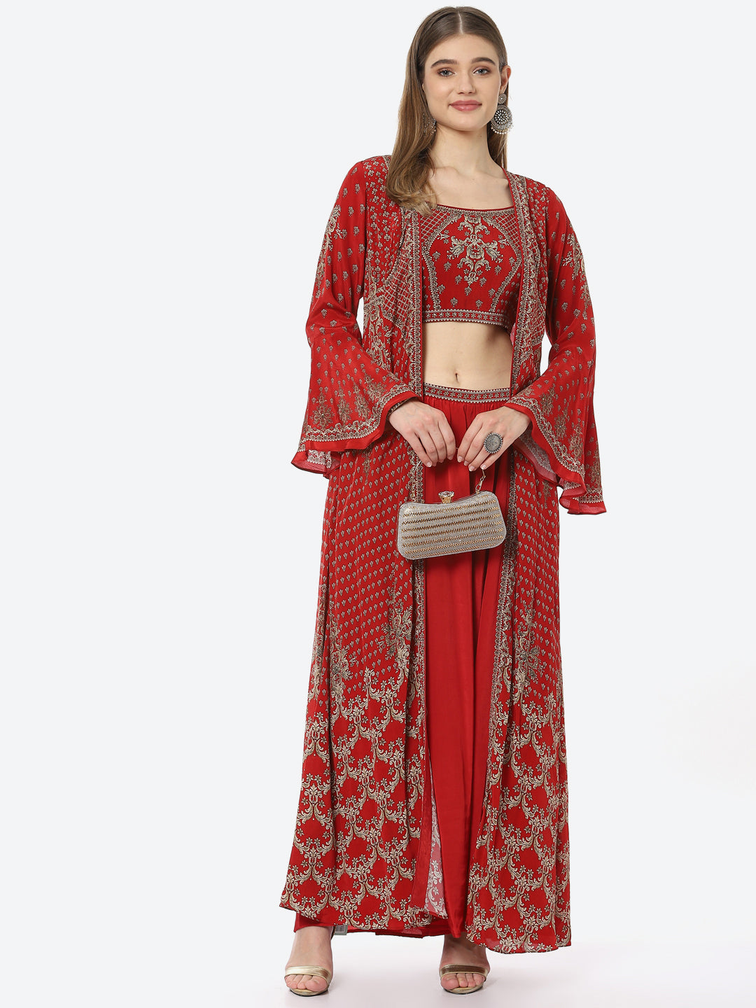 Digital Printed Crepe Kurti With Sharara &amp; Georgette Jacket