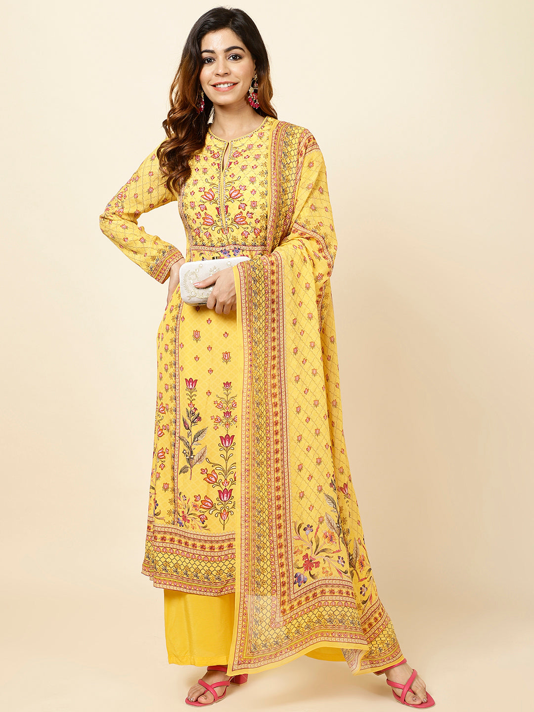 Digital Floral Printed Crepe Kurta With Palazzo &amp; Dupatta