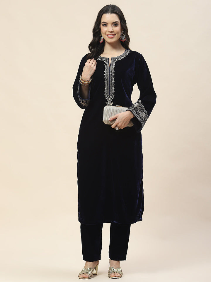 Neck Embroidered Velvet Kurta With Pants