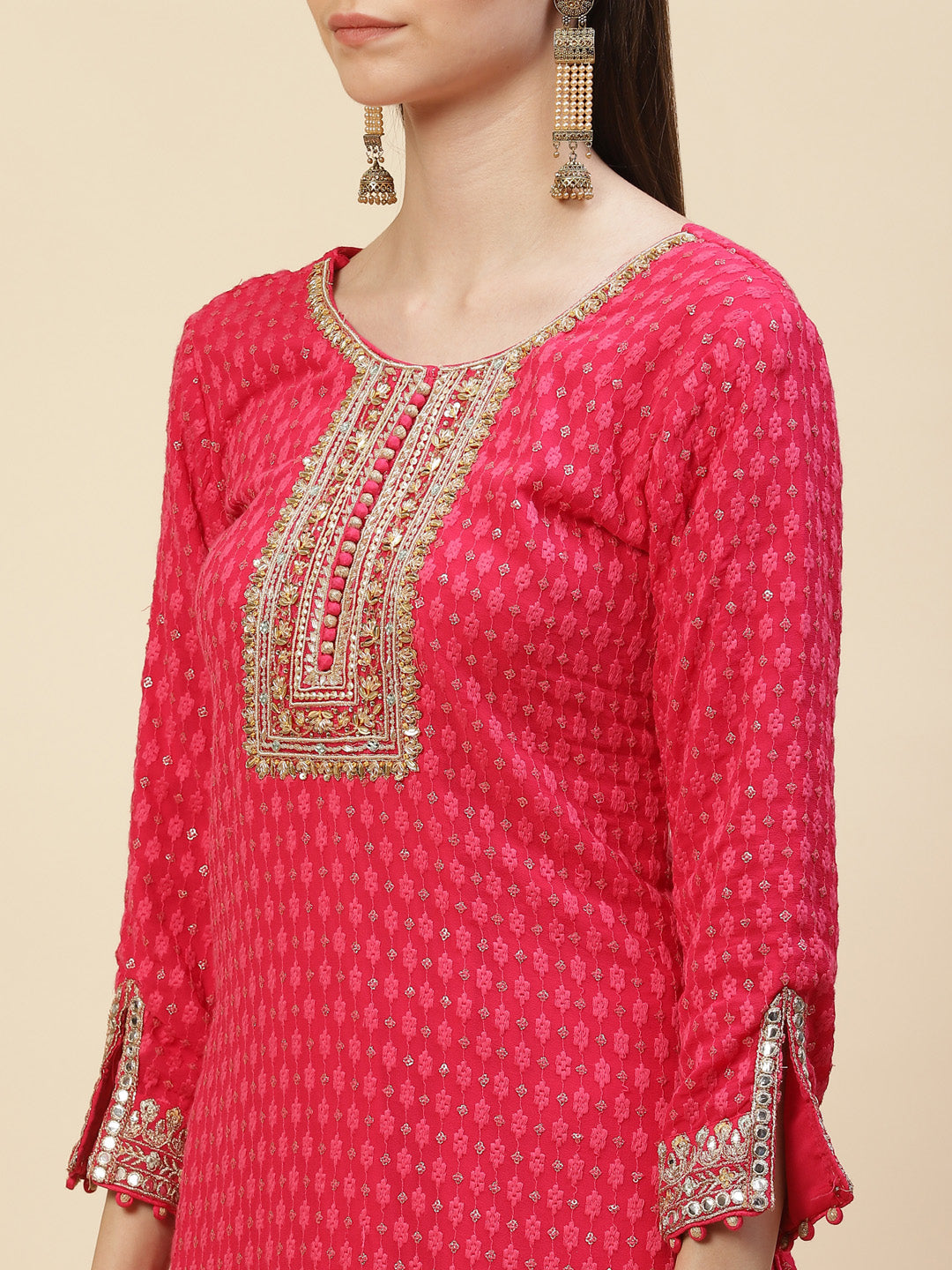 Sequin Embroidered Georgette Kurta With Sharara &amp; Dupatta