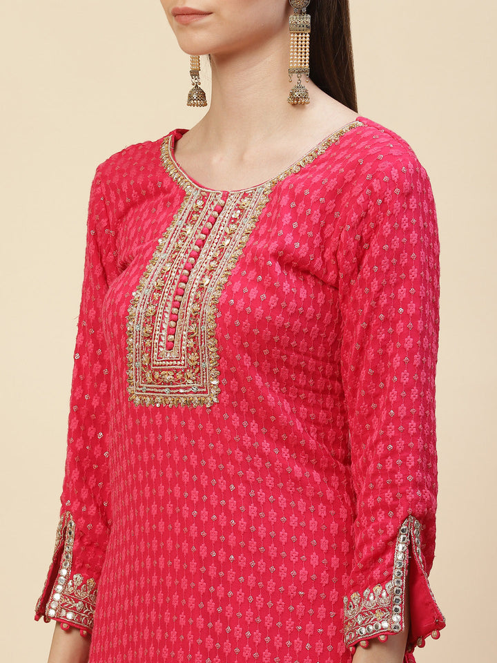 Sequin Embroidered Georgette Kurta With Sharara &amp; Dupatta