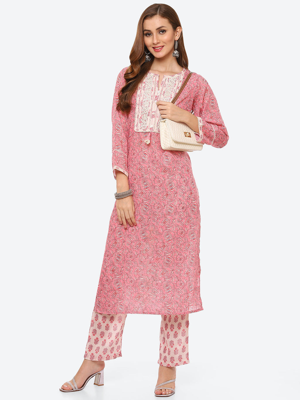 Zari Embroidered Printed Cotton Kurta With Pant