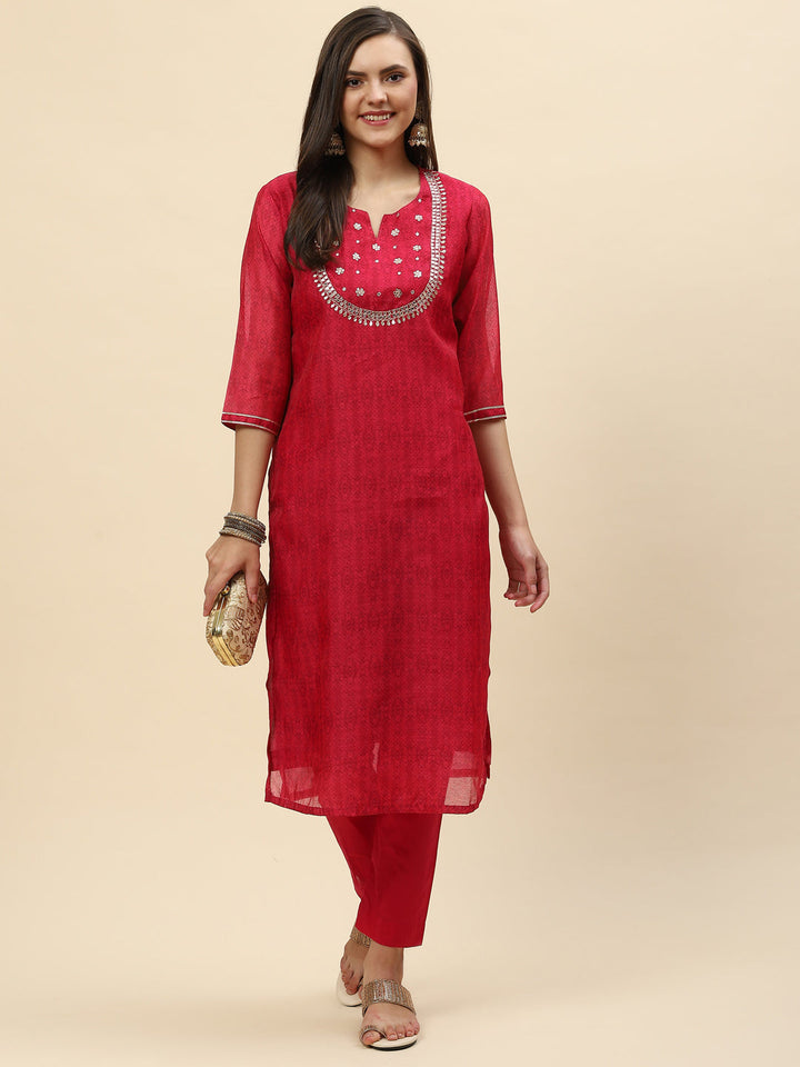 Gota Work &amp; Printed Chanderi Kurta With Pants