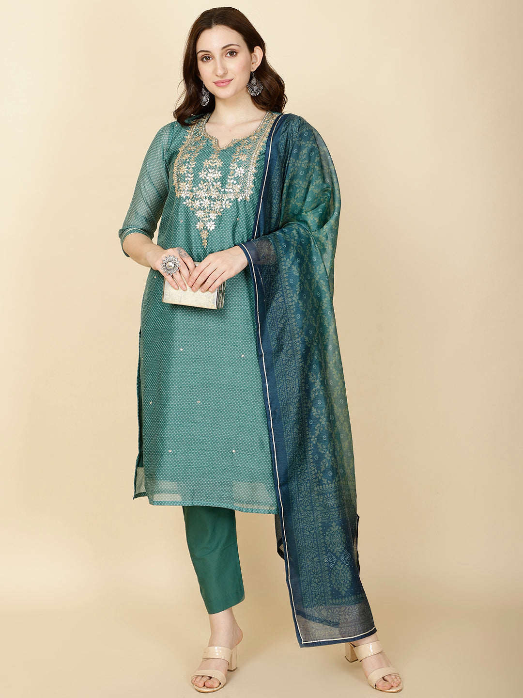 Neck Gota Patti &amp; Printed Chanderi Kurta With Pants &amp; Dupatta