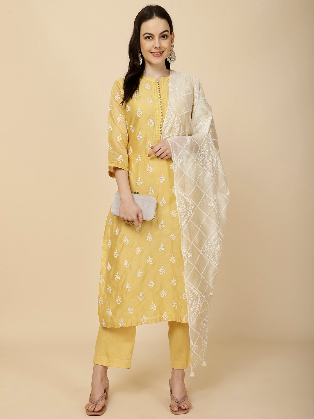 Resham Booti Embroidery Cotton Suit Set With Dupatta