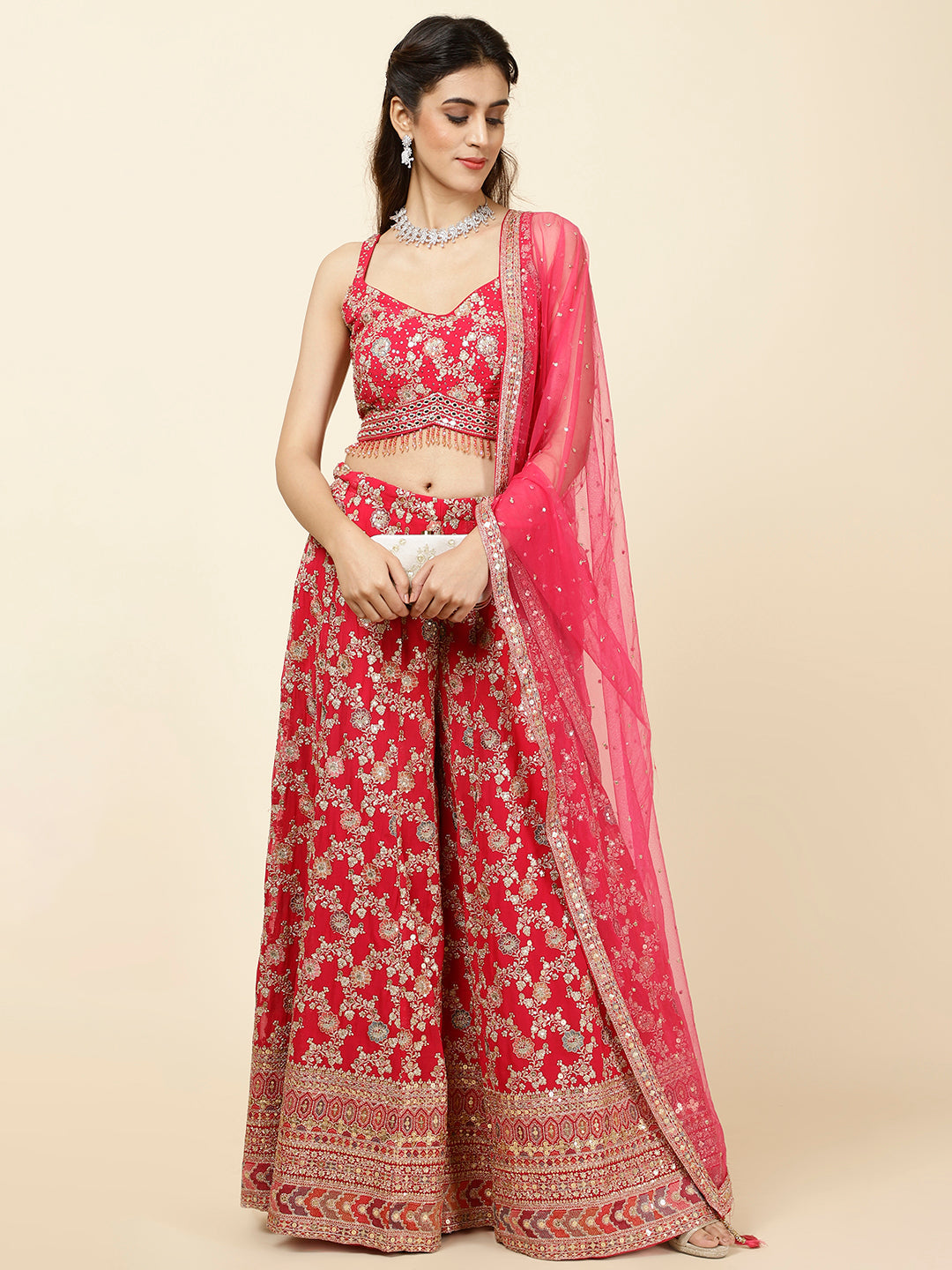 Zari Embroidered Georgette Crop Top With Palazzo &amp; Dupatta