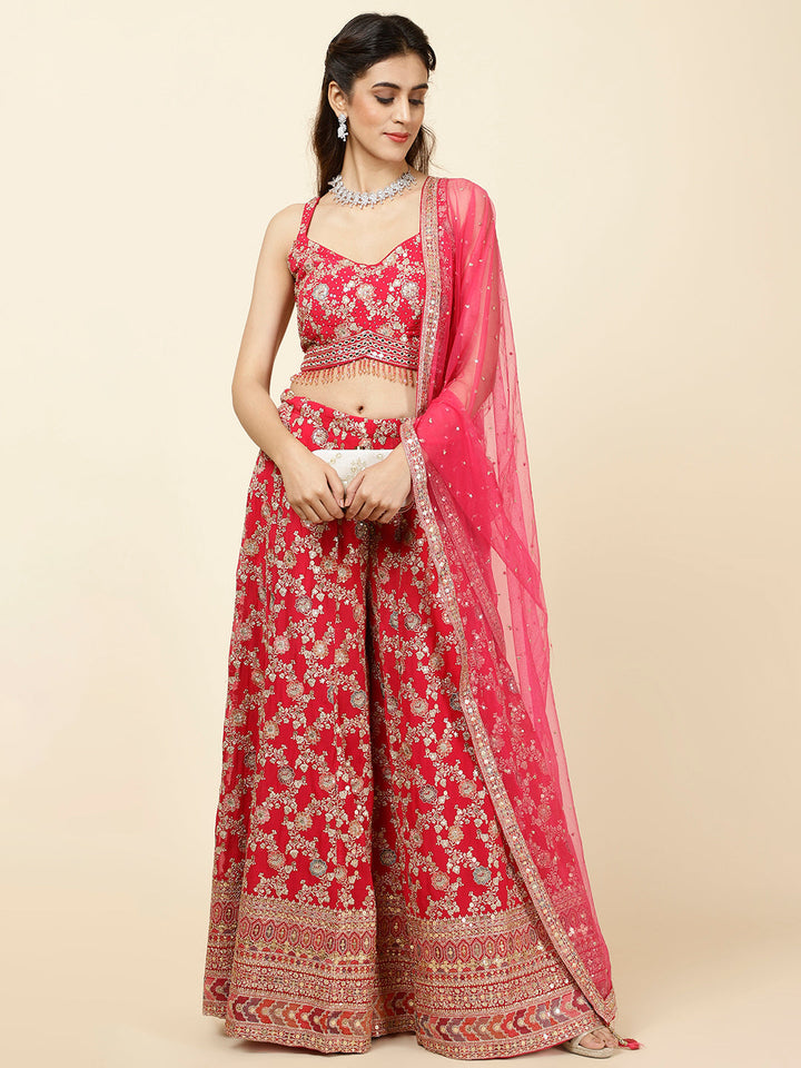 Zari Embroidered Georgette Crop Top With Palazzo &amp; Dupatta