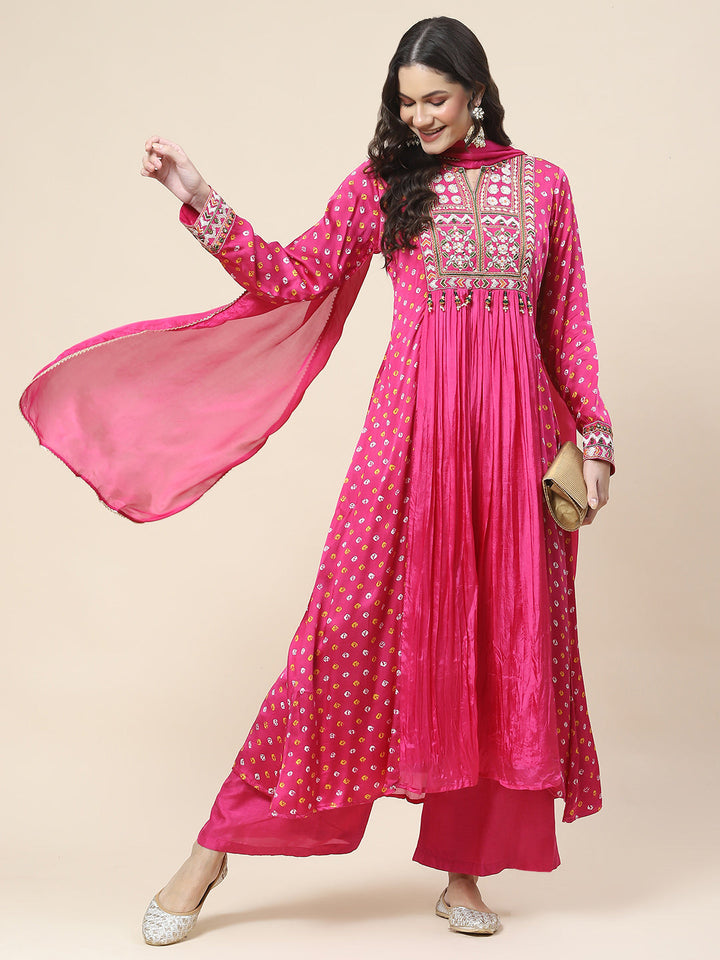 Bandhani Printed Crepe Kurta With Pants &amp; Dupatta