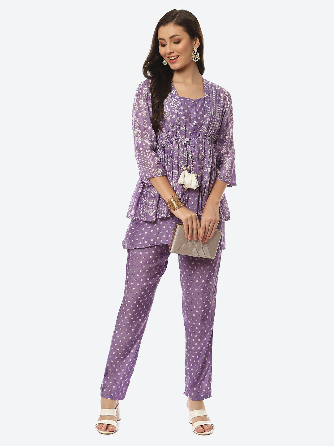 Floral Printed Muslin Kurti With Pant &amp; Jacket