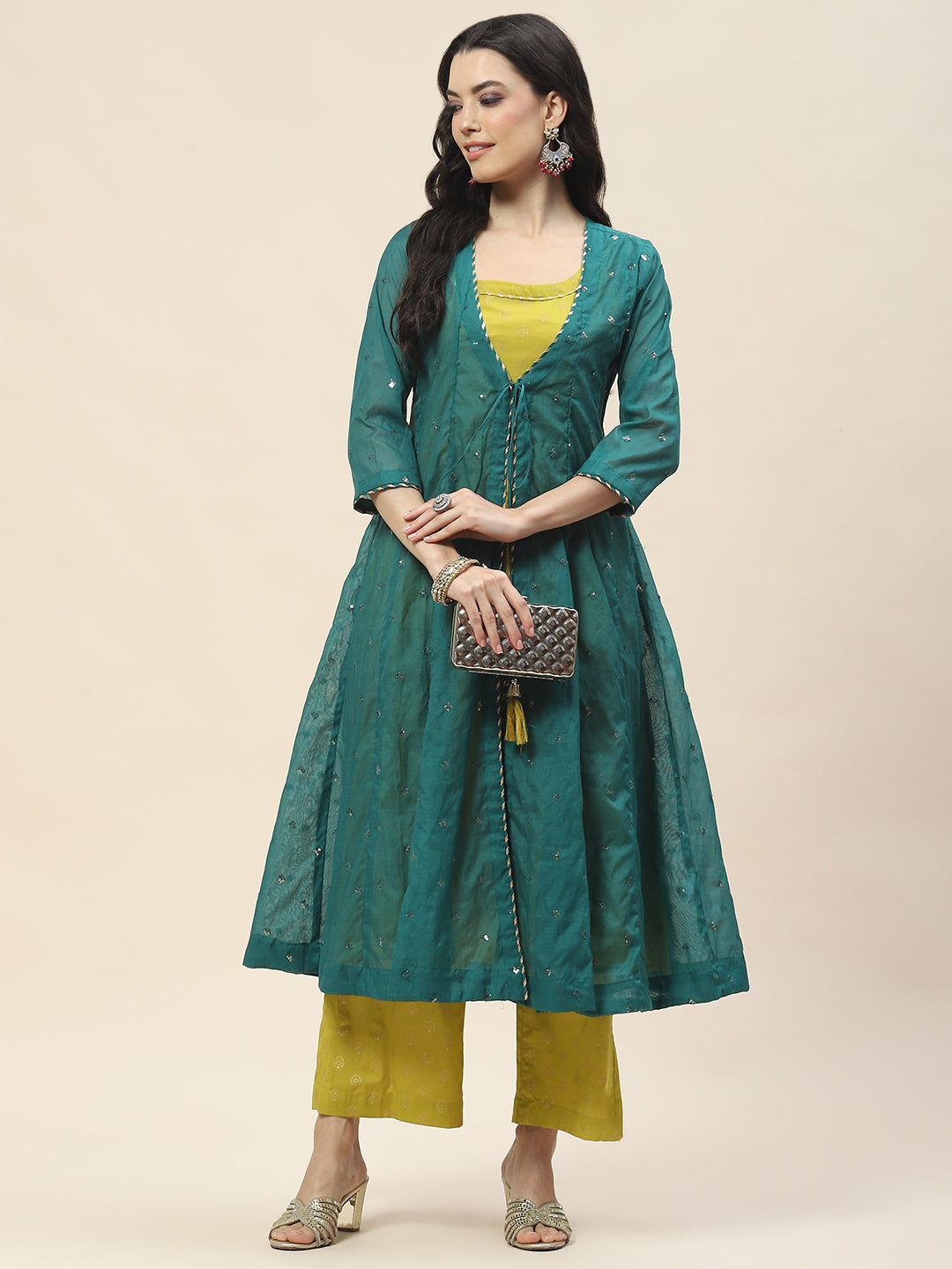 Embroidered Chanderi Kurta With Cape & Pants