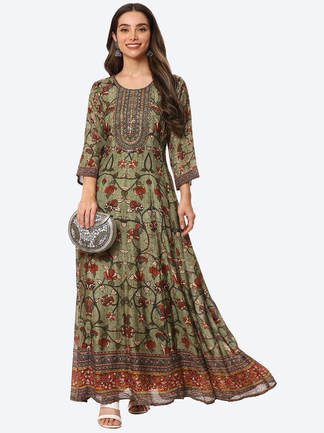 Mirror Neck Embroidered Printed Muslin Anarkali Kurta