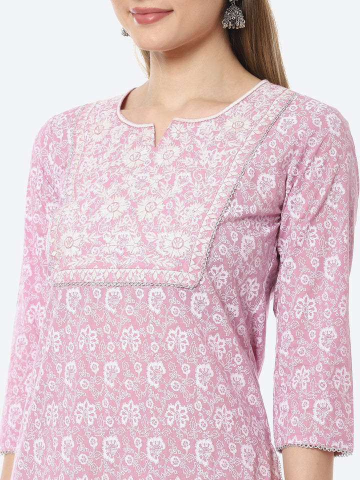 Resham Neck Booti Printed Cotton Kurta With Pant &amp; Cotton Dupatta