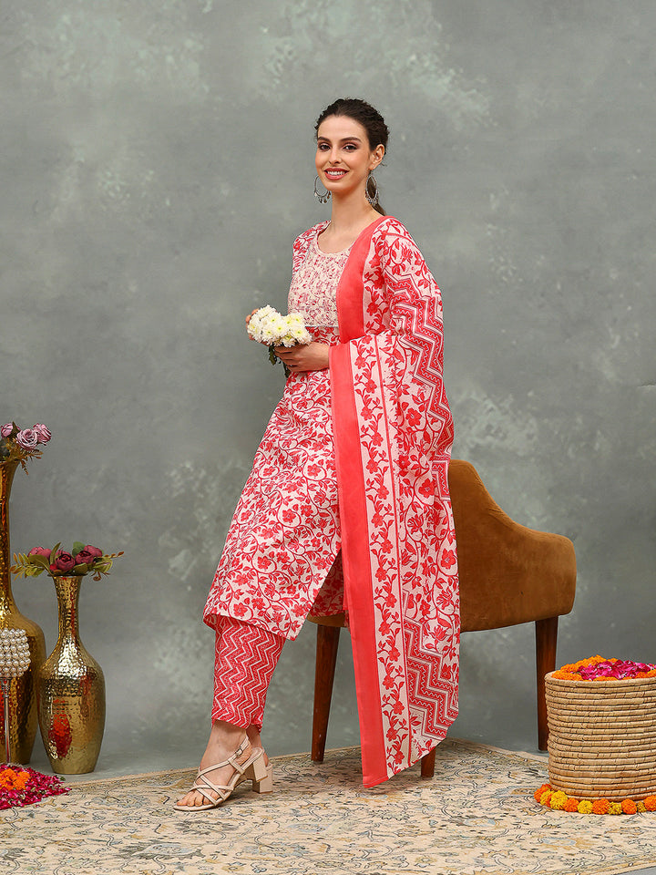 Printed Cotton Blend Kurta With Pants &amp; Dupatta
