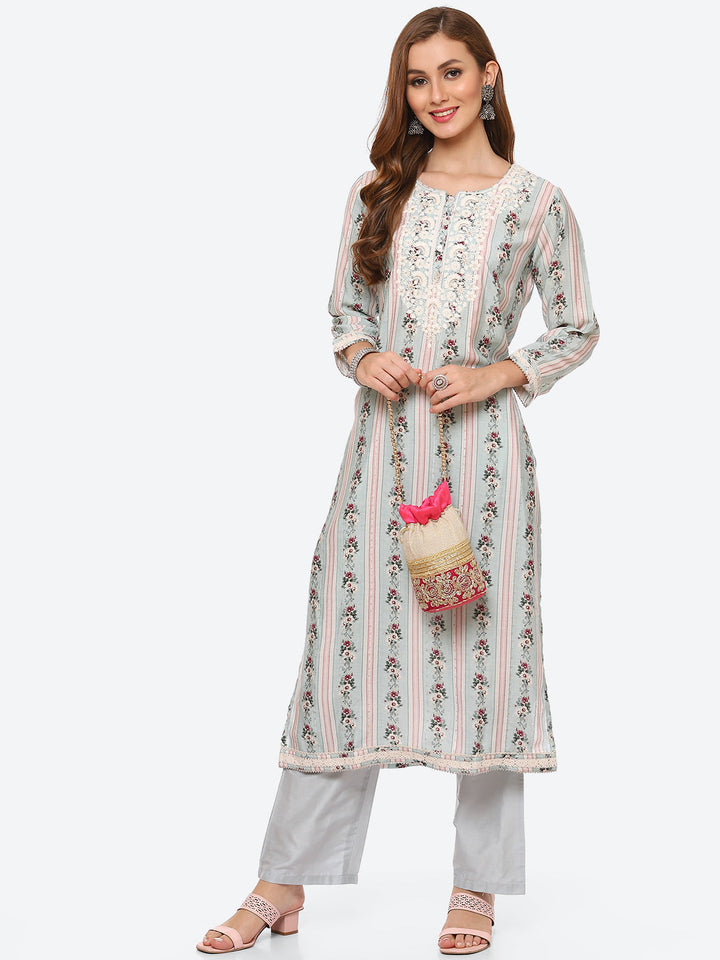 Resham Work Floral Printed Muslin Kurta With Pant