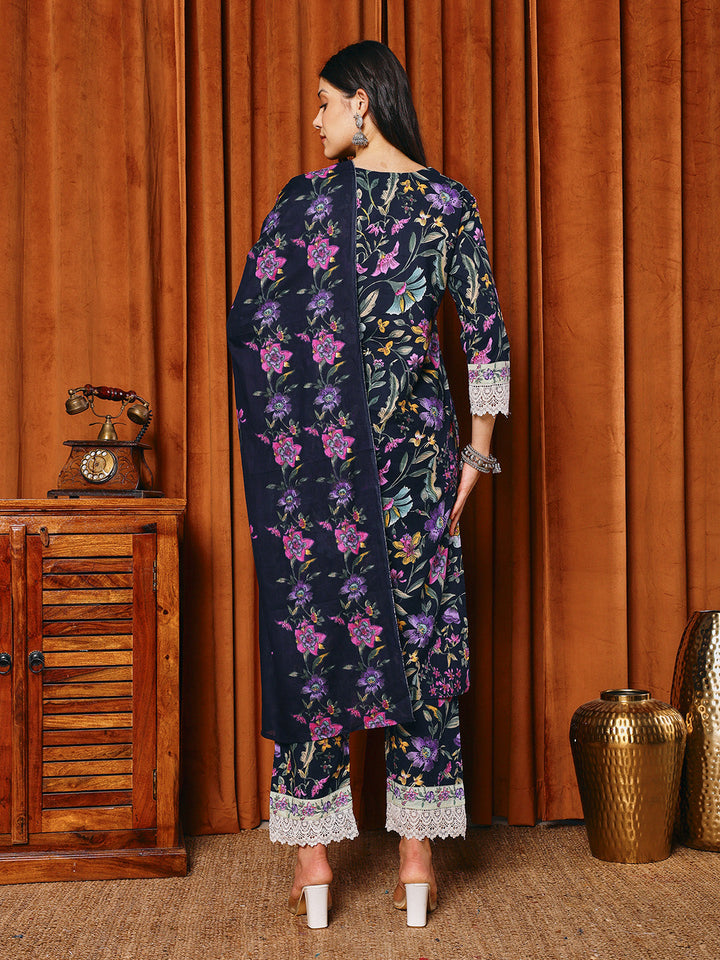 Floral Parinted Cotton Blend Kurta With Pants &amp; Dupatta