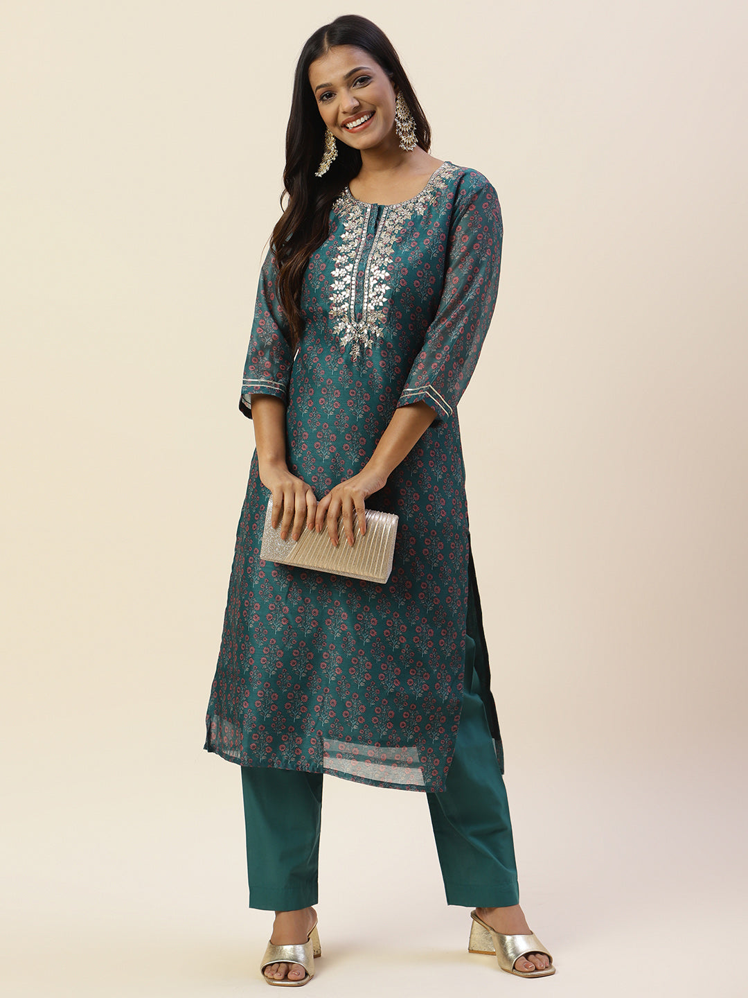 Printed &amp; Yoke Embroidered Chanderi Kurta With Pants