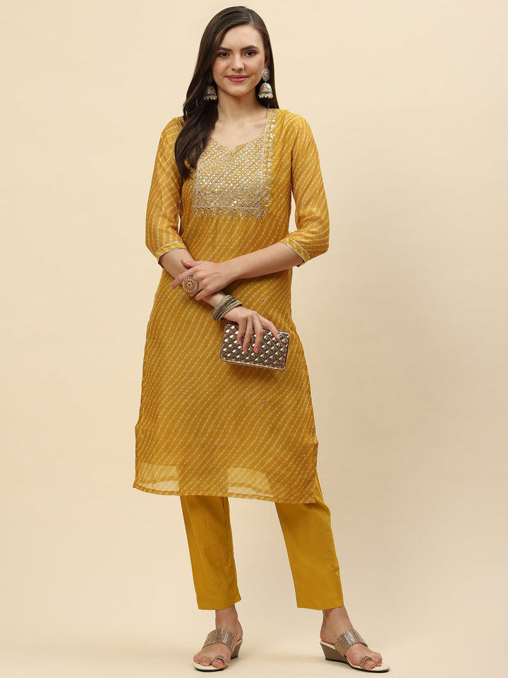 Mirror Embroidered &amp; Lehriya Chanderi Kurta With Pants