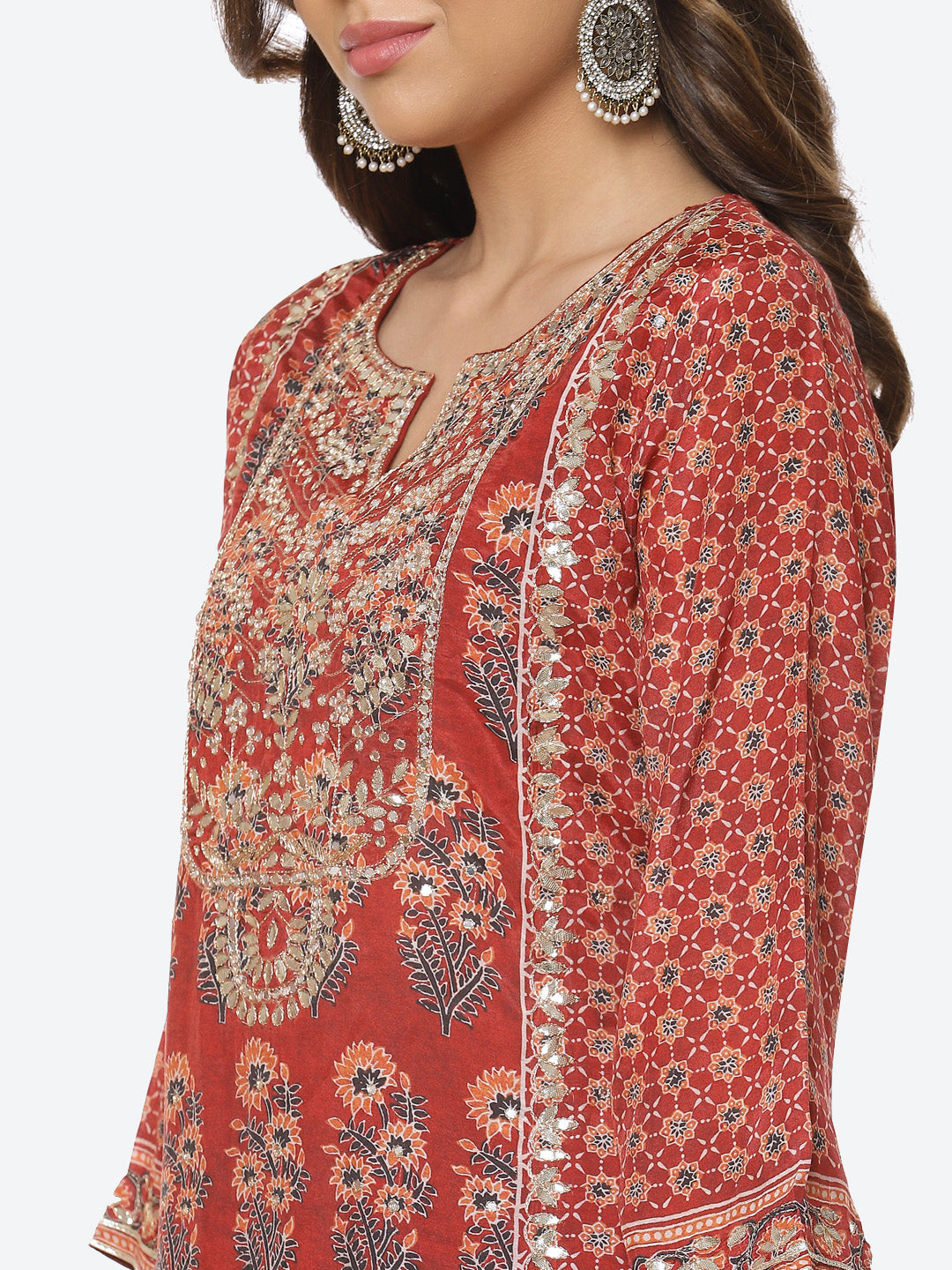 Gota Neck Printed Cotton Kurta With Garara & Dupatta