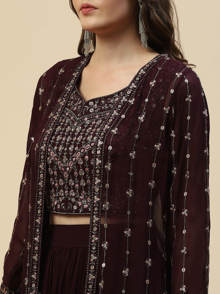 Resham Sequin Booti Georgette Choli Lahenga With Jacket &amp; Dupatta