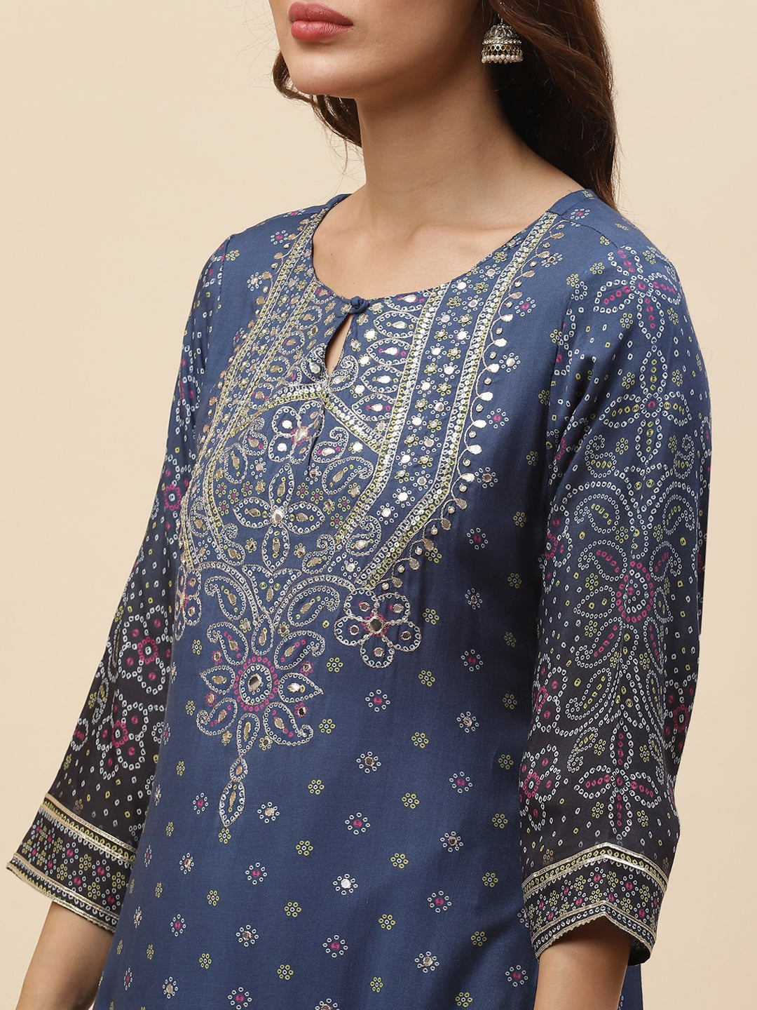 Bandhani Printed Muslin Kurta With Sharara &amp; Dupatta