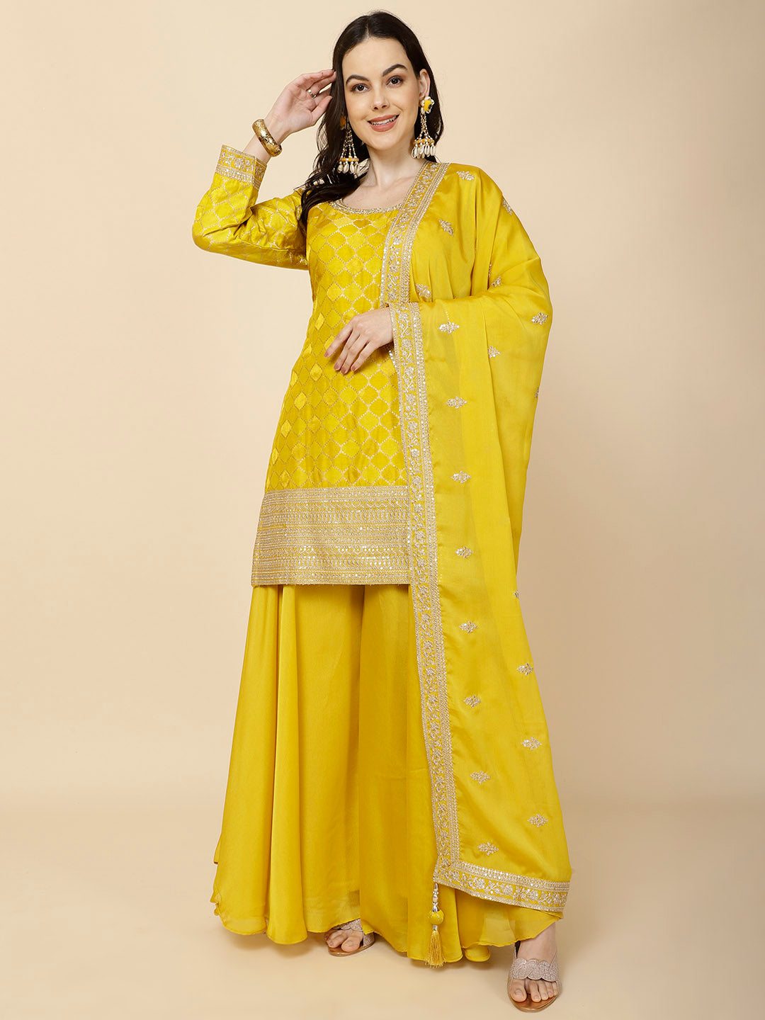 Zari Jaal Embroidery Handloom Suit Set With Dupatta &amp; Palazzo