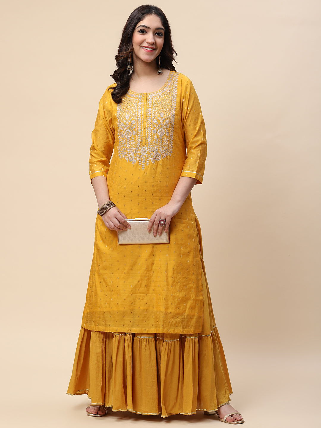 Neck Embroidered Woven Chanderi Kurta With Skirt