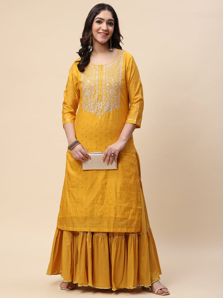 Neck Embroidered Woven Chanderi Kurta With Skirt