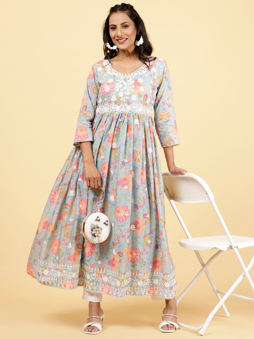 Floral Printed &amp; Neck Embroidered Cotton Kurta