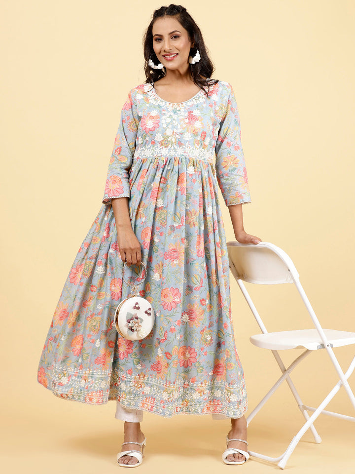 Floral Printed &amp; Neck Embroidered Cotton Kurta