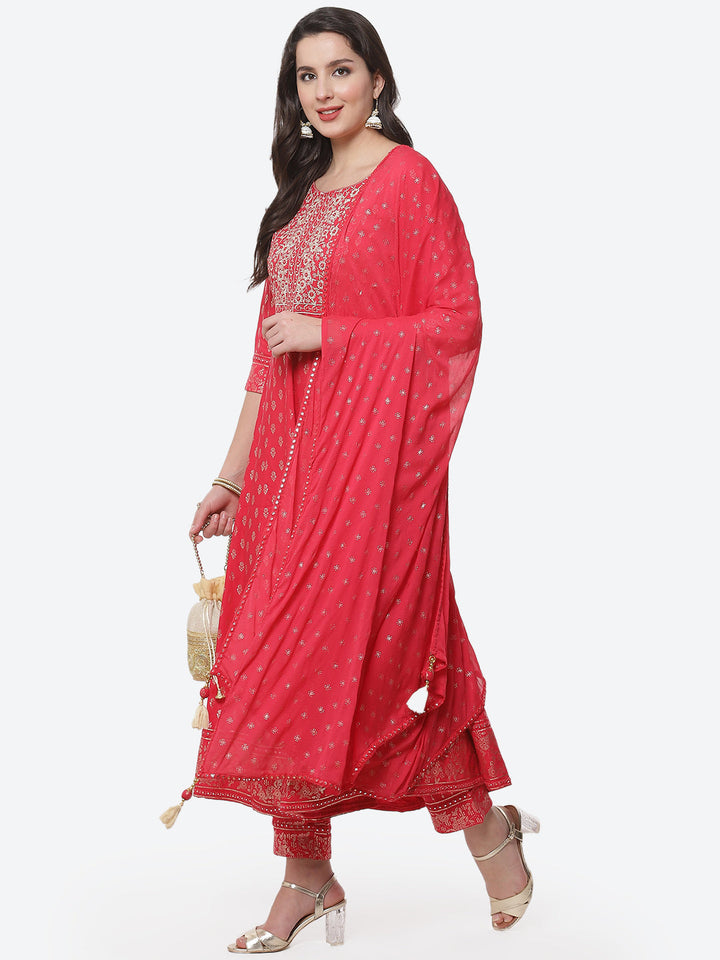Printed Zari Neck Cotton Stitched Anarkali Salwar Kameez With Chiffon Dupatta
